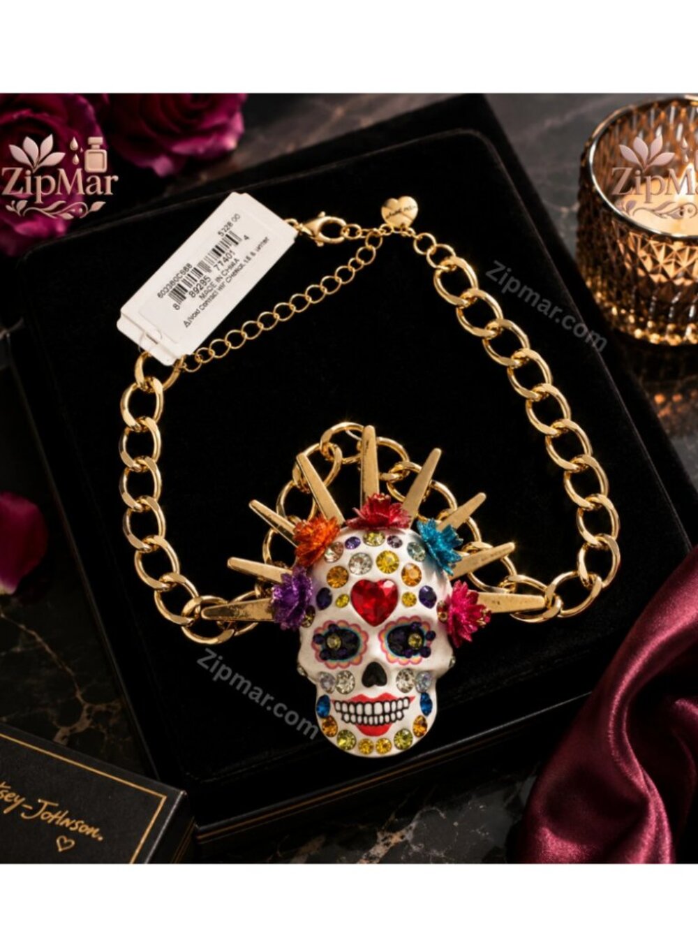 NWT Betsey Johnson Sugar Skull Pendant Necklace Rhinestone Sunburst Calavera Gol